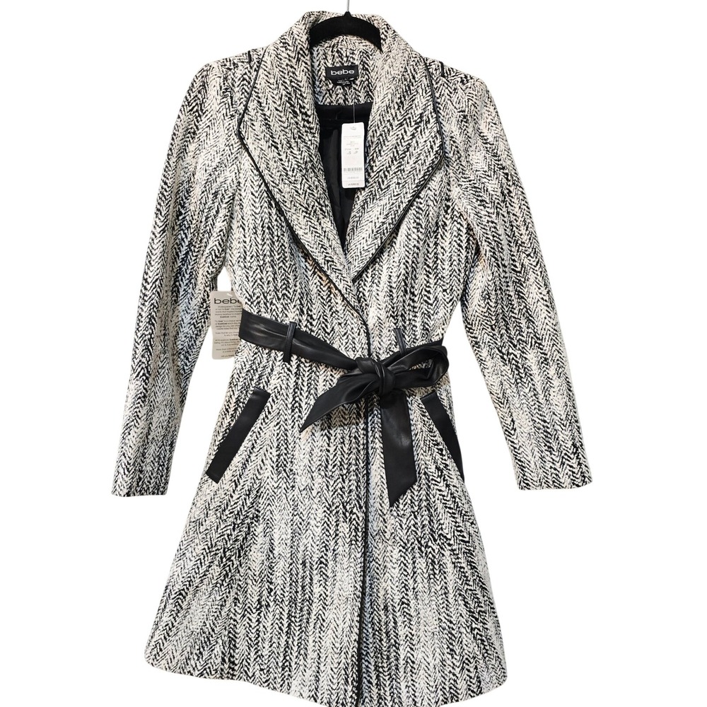 bebe B&W Herringbone Wrap Coat | Size Small |faux Leather Trim Belted Coat | NWT